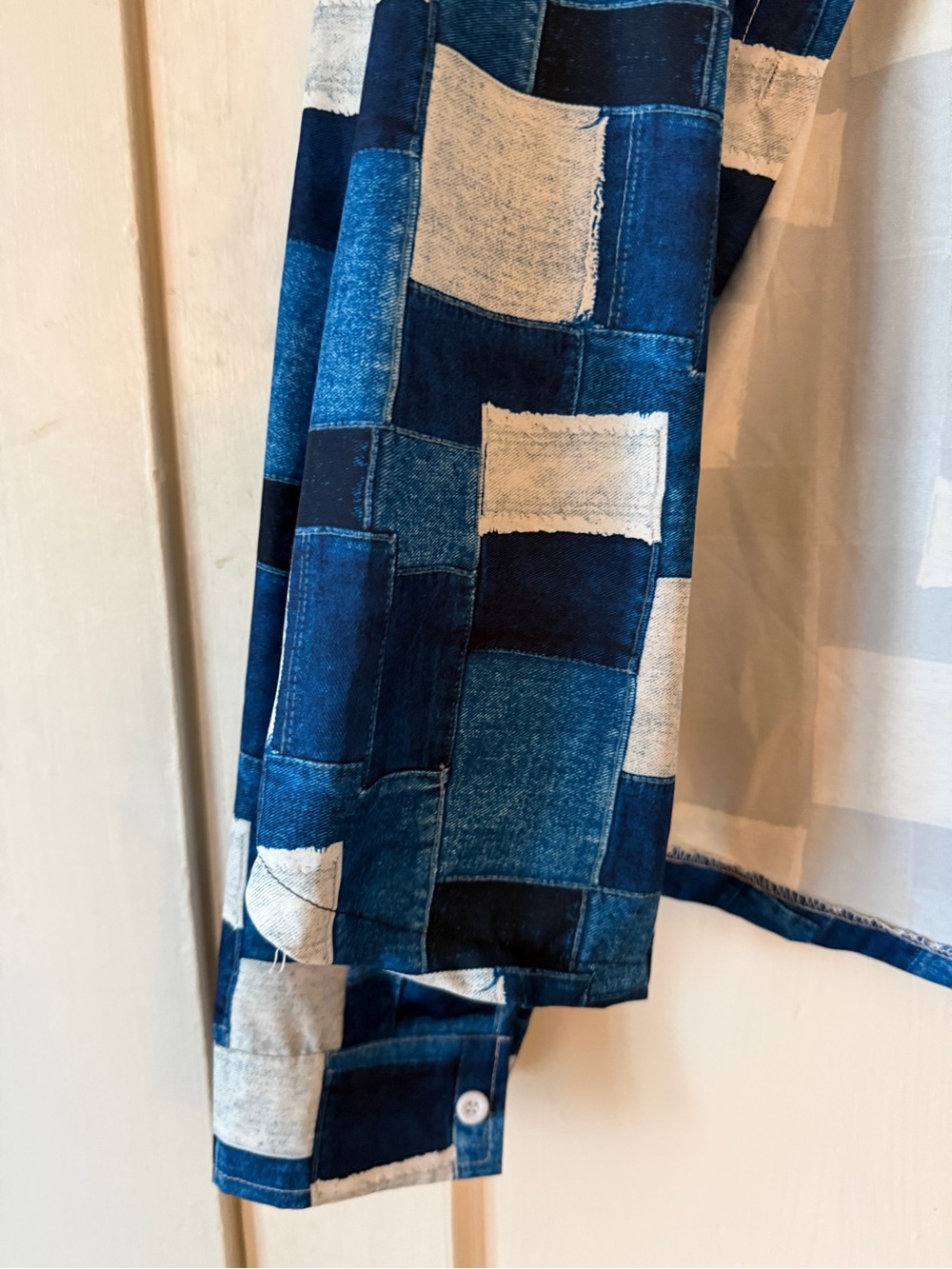Blue and White Patchwork Button-Up Shirt - Picture 3 of 8